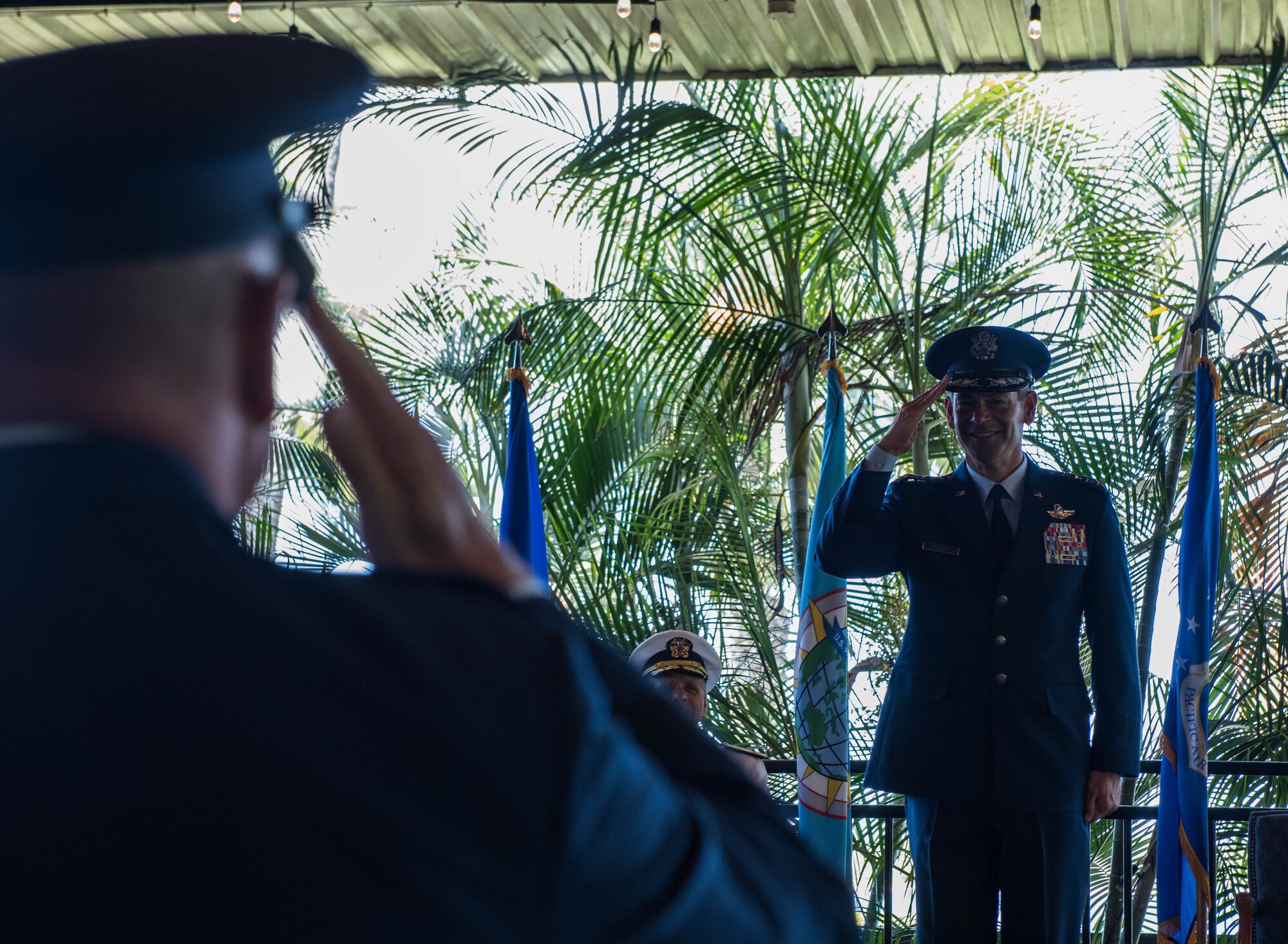 Gen. Kenneth S. Wilsbach receives his first salute as Pacific Air Forces’ newest commander during a Change of Command Ceremony on Joint Base Pearl Harbor-Hickam, Hawaii, July 8, 2020. Prior to taking the command at PACAF, Wilsbach served as the Commander, 7th Air Force and Deputy Commander, U.S. Forces Korea. Other assignments included, Commander, Alaskan Region, North American Aerospace Defense Command, Commander, Alaskan Command, U.S. Northern Command and Commander, 11th Air Force. (U.S. Air Force photo by Staff Sgt. Hailey Haux)