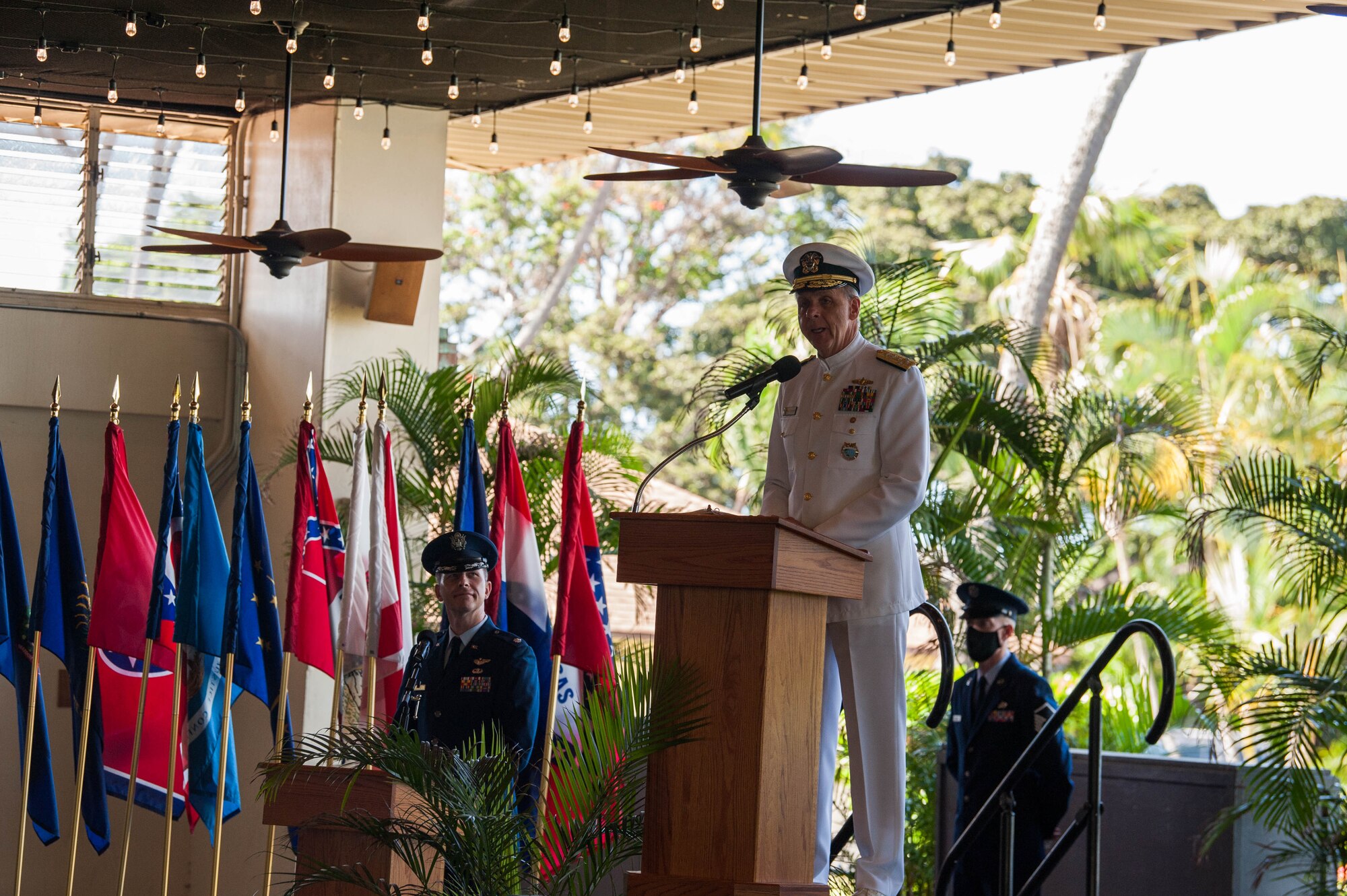 U.S. Navy Adm. Philip Davidson, Commander of U.S. Indo-Pacific Command, gives his remarks during a Change of Command Ceremony on Joint Base Pearl Harbor-Hickam, Hawaii, July 8, 2020. During the ceremony, Gen. Kenneth S. Wilsbach assumed command of Pacific Air Forces from Gen. CQ Brown, Jr. (U.S. Air Force photo by Staff Sgt. Hailey Haux)