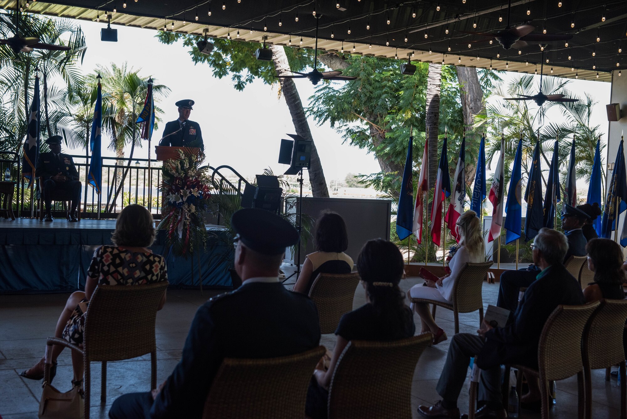 Gen. Kenneth S. Wilsbach, Pacific Air Forces commander, gives remarks during a Change of Command Ceremony on Joint Base Pearl Harbor-Hickam, Hawaii, July 8, 2020. PACAF’s area of responsibility is home to 60 percent of the world’s population in 36 nations spread across 53 percent of the Earth’s surface and 16 time zones, with more than 1,000 spoken languages. (U.S. Air Force photo by Staff Sgt. Hailey Haux)