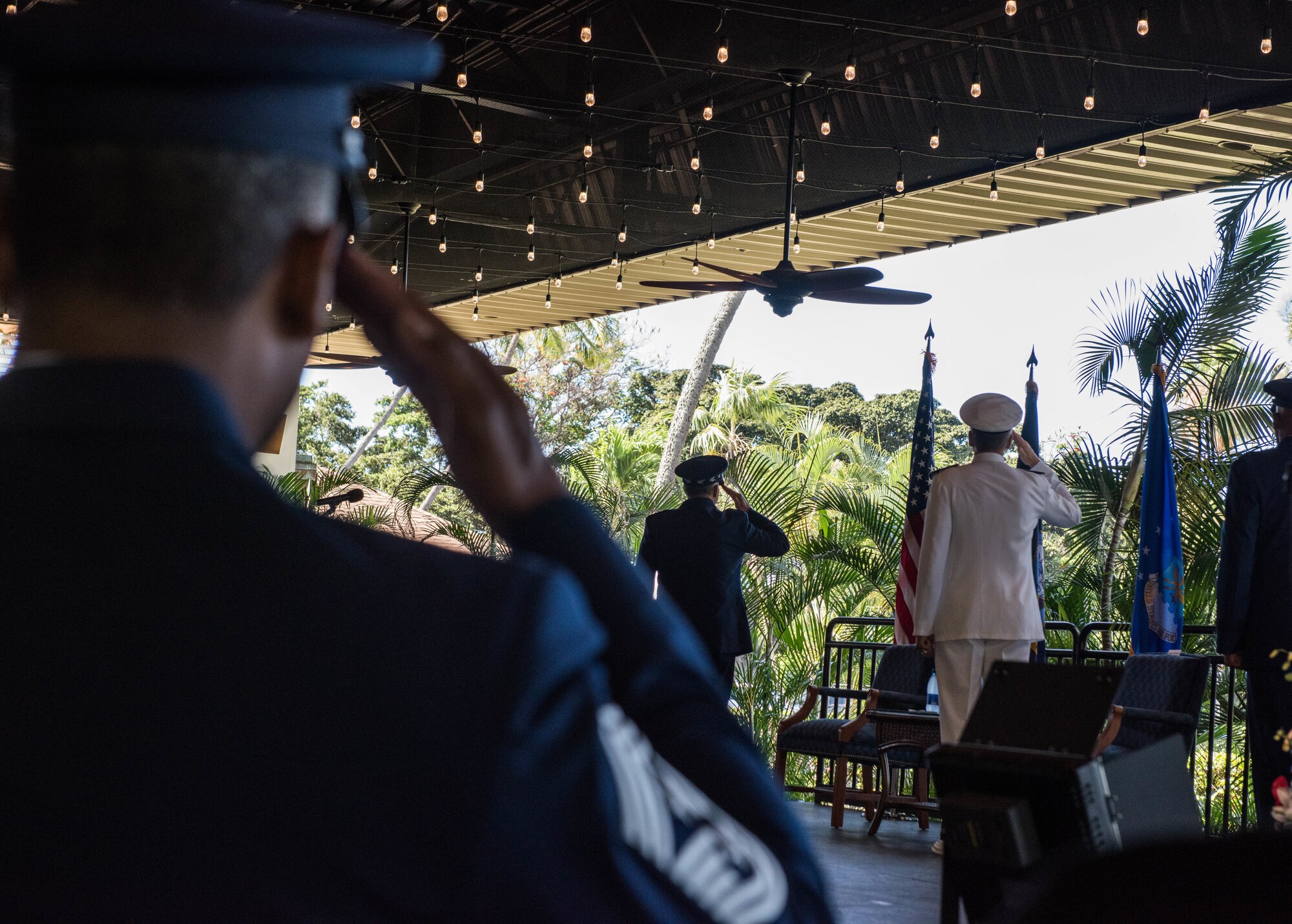 Gen. David L. Goldfein, Chief of Staff of the Air Force, Adm. Philip Davidson, Commander of U.S. Indo-Pacific Command, Gen. CQ Brown, Jr., and Chief Master Sgt. Anthony Johnson, Pacific Air Forces command chief, salute as the national anthem is played during a Change of Command Ceremony on Joint Base Pearl Harbor-Hickam, Hawaii, July 8, 2020. During the ceremony, Gen. Kenneth S. Wilsbach assumed command of Pacific Air Forces from Gen. CQ Brown, Jr. (U.S. Air Force photo by Staff Sgt. Hailey Haux)