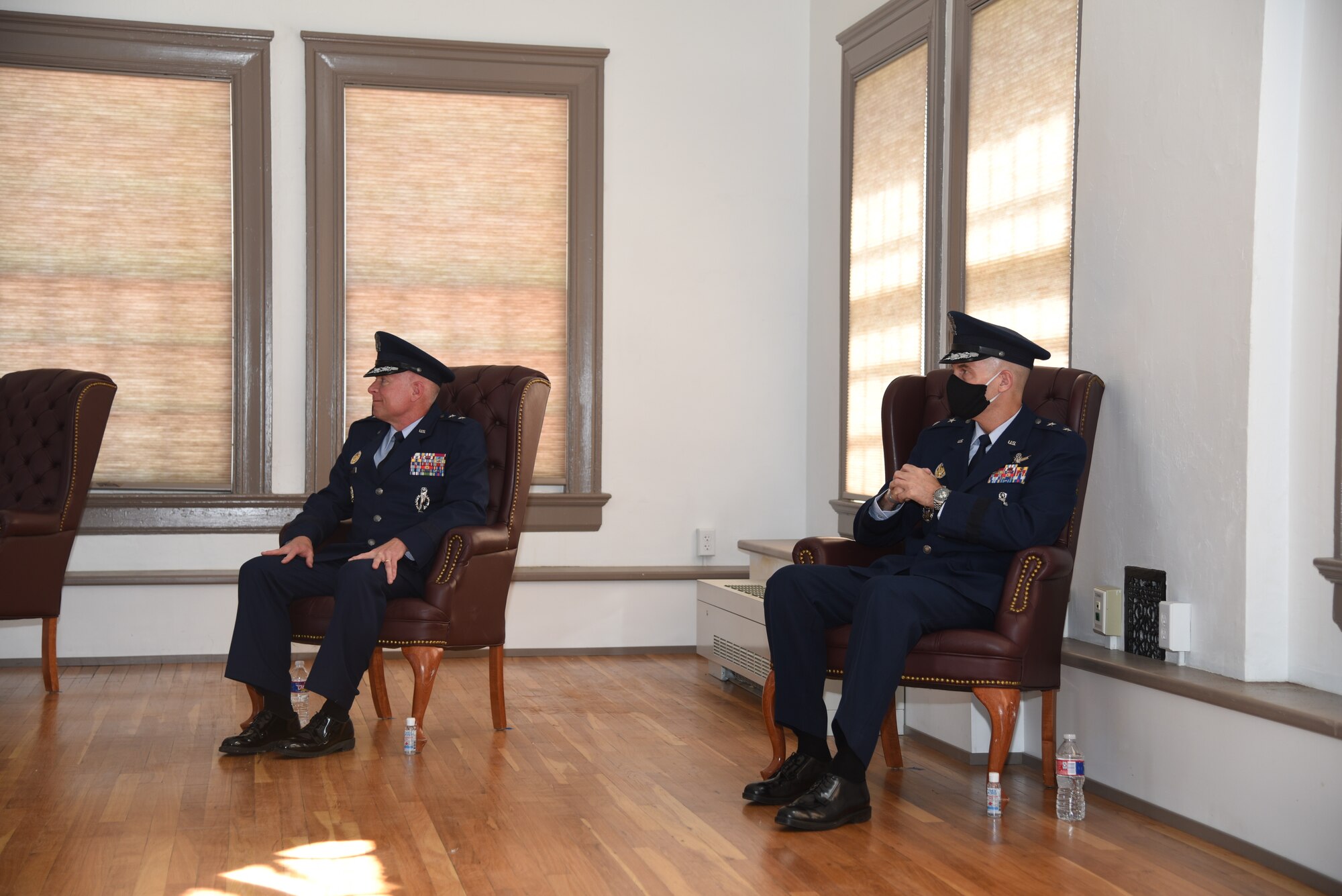 Maj. Gen. Ferdinand B. Stoss and Maj. Gen. Michael Lutton attend the 20th Air Force change of command ceremony, 8 July, 2020, F. E. Warren Air Force Base, Wyo. During the ceremony, Maj. Gen. Michael J. Lutton took command of 20th Air Force from Maj. Gen. Ferdinand “Fred” B. Stoss. (U. S. Air Force photo by Glenn S. Robertson)