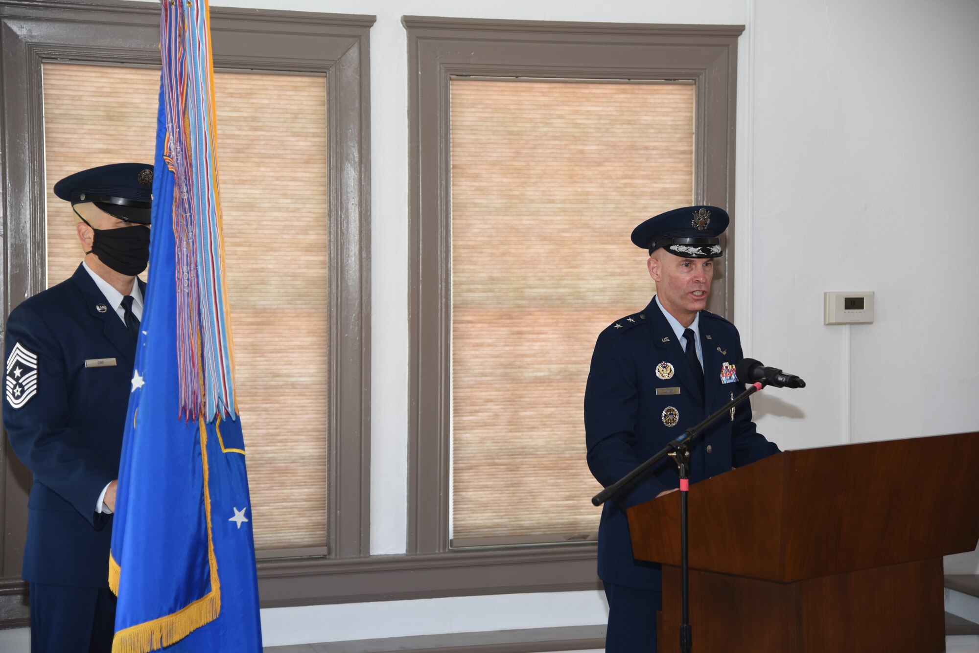 Maj. Gen. Michael Lutton gives remarks during the 20th Air Force change of command ceremony, 8 July, 2020, F. E. Warren Air Force Base, Wyo. During the ceremony, Maj. Gen. Michael J. Lutton took command of 20th Air Force from Maj. Gen. Ferdinand “Fred” B. Stoss. (U. S. Air Force photo by Glenn S. Robertson)