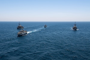 200618-N-KZ419-1009 ARABIAN GULF (June 18, 2020) Ships from Saudi Arabia, the U.K, and U.S. sail in formation during a mine countermeasures interoperability exercise in the U.S. 5th Fleet area of operations. The 5th Fleet area of operations encompasses about 2.5 million square miles of water area and includes the Arabian Gulf, Gulf of Oman, Red Sea and parts of the Indian Ocean. The expanse is comprised of 20 countries and includes three chokepoints, critical to the free flow of global commerce. (U.S. Navy photo by Mass Communication Specialist 3rd Class Dawson Roth)