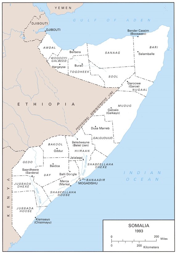 This map depicts Somalia's landmass and terrain. (U.S. Army graphic)