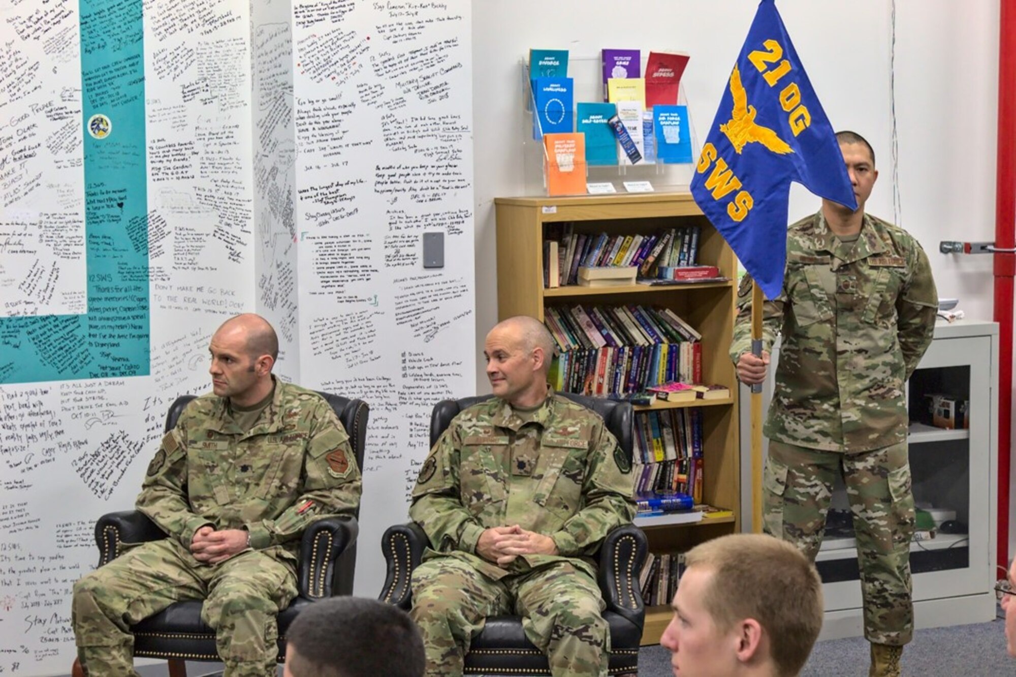 Lt. Col. Jared Smith (left), relinquished command to Lt. Col. Brandon Alford (right), during a change of command ceremony held at Thule Air Base, Greenland, on June 24, 2020. The ceremony was officiated in absentia by Col. Matthew Cantore, 21st Operations Group commander, due to travel guidance of COVID-19. (courtesy photo)