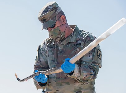 Brig. Gen. Farin Schwartz, commander of the Idaho Army National Guard, and other Guard leaders held rattlesnakes and helped Idaho Guard Environmental Management Office biologists tag, study and measure rattlesnakes July 8, 2020, at the Morley Nelson Snake River Birds of Prey National Conservation Area.