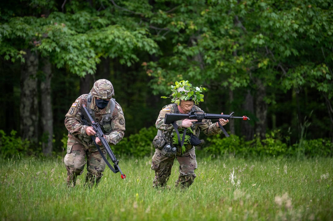 Two guardsmen in camouflage hold weapons in a forest-like area.