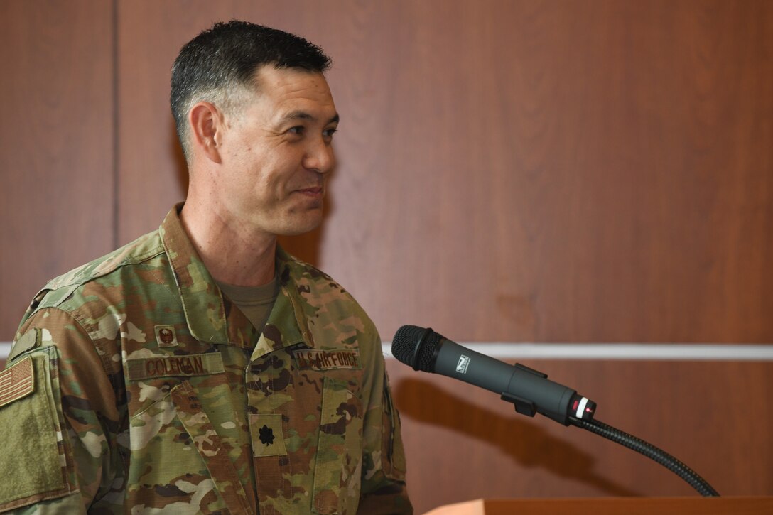 Lt. Col. Jason L. Coleman, 316th Comptroller Squadron commander, gives his welcoming speech during an assumption of command ceremony at Joint Base Andrews, Md., July 8, 2020.