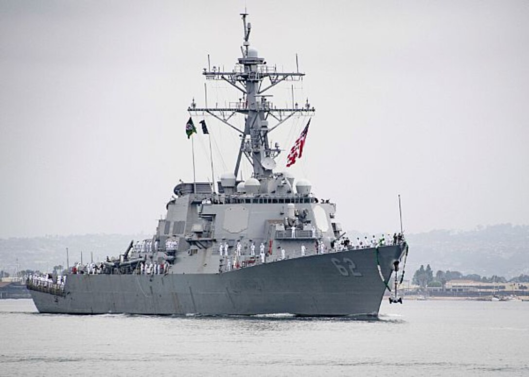 The guided-missile destroyer USS Fitzgerald (DDG 62) arrives at homeport at Naval Base San Diego