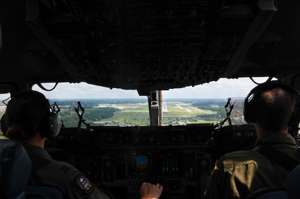 Capt. Ana Ekhaus, a C-17 Globemaster III pilot assigned to the 15th Airlift Squadron at Joint Base Charleston, S.C., conducts a local pattern-only flight over S.C., June 24, 2020. Capt. Ekhaus conducted “touch and go’s” at Myrtle Beach International Airport, S.C. and GOAT’s, or go out again training, at Joint Base Charleston’s North Auxiliary Field, S.C.. The flight was part of her upgrade training as she prepares to go to C-17 Globemaster III aircraft commander school at Altus AFB, Okla..
