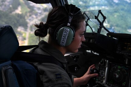 Capt. Ana Ekhaus, a C-17 Globemaster III pilot assigned to the 15th Airlift Squadron at Joint Base Charleston, S.C., conducts a local pattern-only flight over S.C., June 24, 2020. Capt. Ekhaus conducted “touch and go’s” at Myrtle Beach International Airport, S.C. and GOAT’s, or go out again training, at Joint Base Charleston’s North Auxiliary Field, S.C.. The flight was part of her upgrade training as she prepares to go to C-17 Globemaster III aircraft commander school at Altus AFB, Okla..