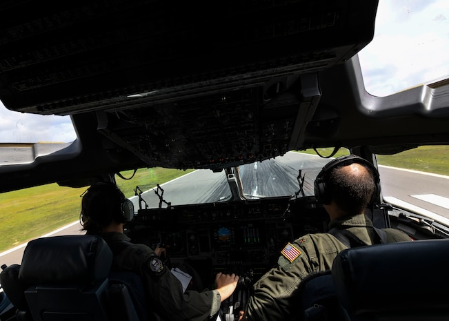 Capt. Ana Ekhaus, a C-17 Globemaster III pilot assigned to the 15th Airlift Squadron at Joint Base Charleston, S.C., conducts a local pattern-only flight over S.C., June 24, 2020. Capt. Ekhaus conducted “touch and go’s” at Myrtle Beach International Airport, S.C. and GOAT’s, or go out again training, at Joint Base Charleston’s North Auxiliary Field, S.C.. The flight was part of her upgrade training as she prepares to go to C-17 Globemaster III aircraft commander school at Altus AFB, Okla..