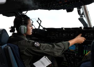 Capt. Ana Ekhaus, a C-17 Globemaster III pilot assigned to the 15th Airlift Squadron at Joint Base Charleston, S.C., conducts a local pattern-only flight over S.C., June 24, 2020. Capt. Ekhaus conducted “touch and go’s” at Myrtle Beach International Airport, S.C. and GOAT’s, or go out again training, at Joint Base Charleston’s North Auxiliary Field, S.C.. The flight was part of her upgrade training as she prepares to go to C-17 Globemaster III aircraft commander school at Altus AFB, Okla..