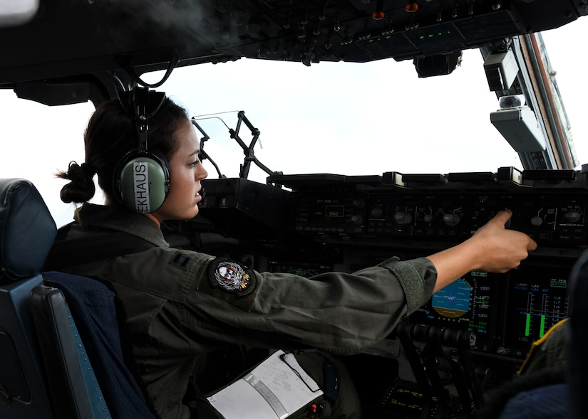 Capt. Ana Ekhaus, a C-17 Globemaster III pilot assigned to the 15th Airlift Squadron at Joint Base Charleston, S.C., conducts a local pattern-only flight over S.C., June 24, 2020. Capt. Ekhaus conducted “touch and go’s” at Myrtle Beach International Airport, S.C. and GOAT’s, or go out again training, at Joint Base Charleston’s North Auxiliary Field, S.C.. The flight was part of her upgrade training as she prepares to go to C-17 Globemaster III aircraft commander school at Altus AFB, Okla..