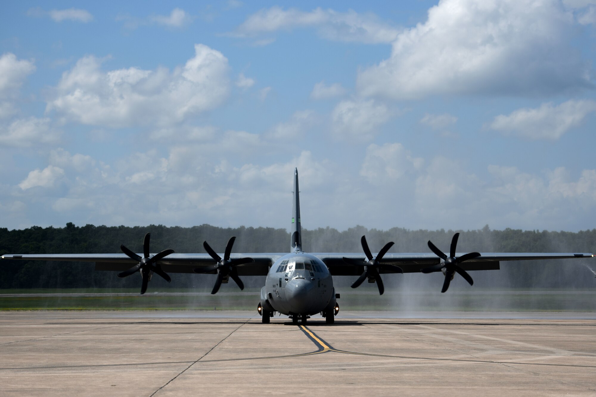 Col. Shane Haughian, 19th Operations Group commander, taxis in from his final C-130J Super Hercules sortie as commander of  the group at Little Rock Air Force Base, Arkansas, July 8, 2020. (U.S. Air Force photo by Senior Airman Kristine Gruwell)
