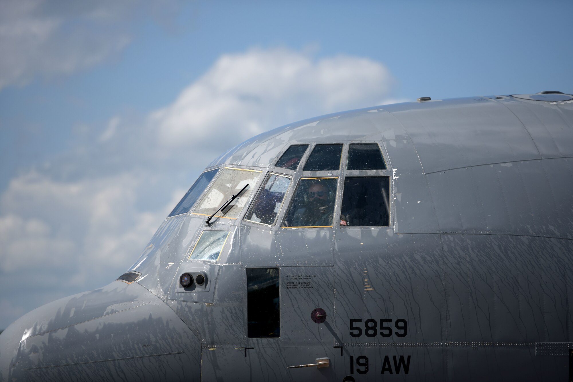 Col. Shane Haughian, 19th Operations Group commander, taxis in from his final C-130J Super Hercules sortie as commander of  the group at Little Rock Air Force Base, Arkansas, July 8, 2020. (U.S. Air Force photo by Senior Airman Kristine Gruwell)