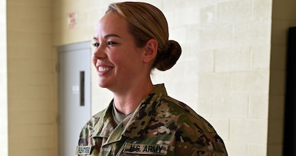 Sgt. Maj. Rachael Fleharty-Strevig, 3643d Brigade Support Battalion, is promoted to her current rank during a ceremony held in Concord on July 7, 2020.