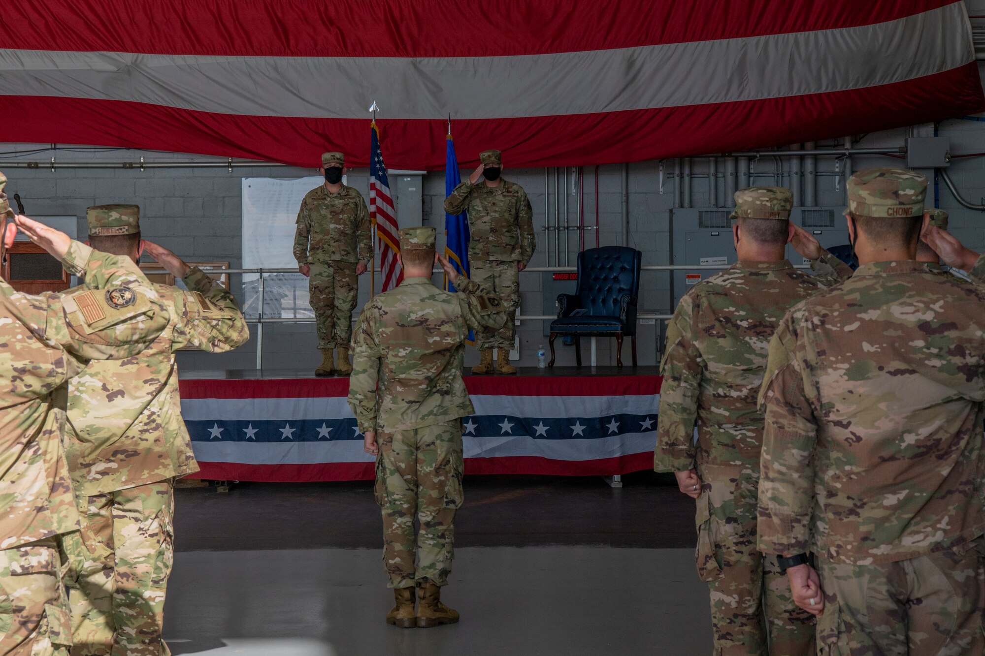 U.S. Air Force Maj. Clayton Seiler, commander of the 1st Special Operations Munitions Squadron, renders his first salute to his squadron at Hurlburt Field, Florida, July 8, 2020.
