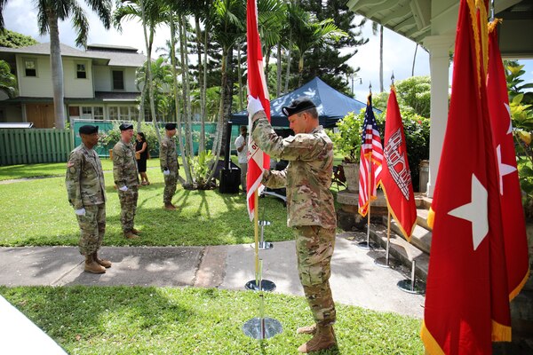 Brig. Gen. Thomas J. Tickner relinquished his position as commander of the U.S. Army Corps of Engineers, Pacific Ocean Division to Col. Kirk E. Gibbs, during a social distance adherence change of command and responsibility ceremony, July 8.