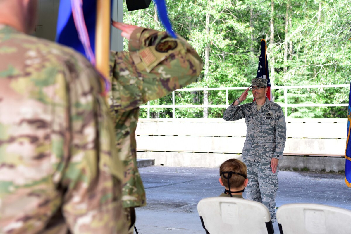 U.S. Air Force Col. Stuart Williamson renders his first salute to his squadron commanders and superintendents during the 354th Mission Support Group (MSG) change of command ceremony, July 8, 2020, at Eielson Air Force Base, Alaska.