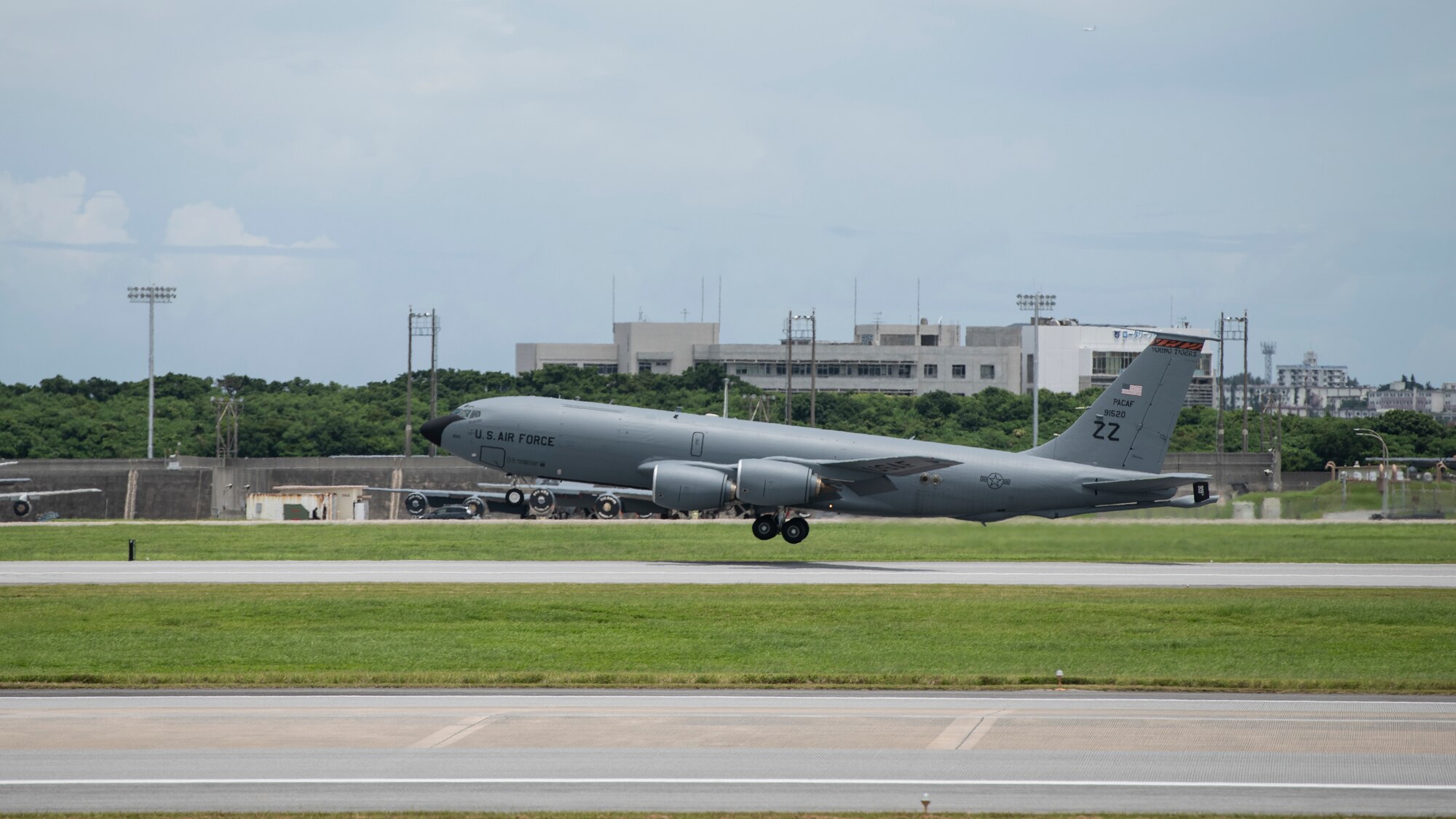 A U.S. Air Force KC-135 Stratotanker assigned to the 909th Aerial Refueling Squadron takes off during a training exercise July 8, 2020, at Kadena Air Base, Japan. The 909th ARS conducted refueling support for the 67th Fighter Squadron. The U.S. Indo-Pacific Command has the capacity to conduct training and exercises focused on the full spectrum of military operations, from combat to humanitarian assistance and disaster relief, anywhere throughout the Indo-Pacific region. (U.S. Air Force photo by Staff Sgt. Peter Reft)