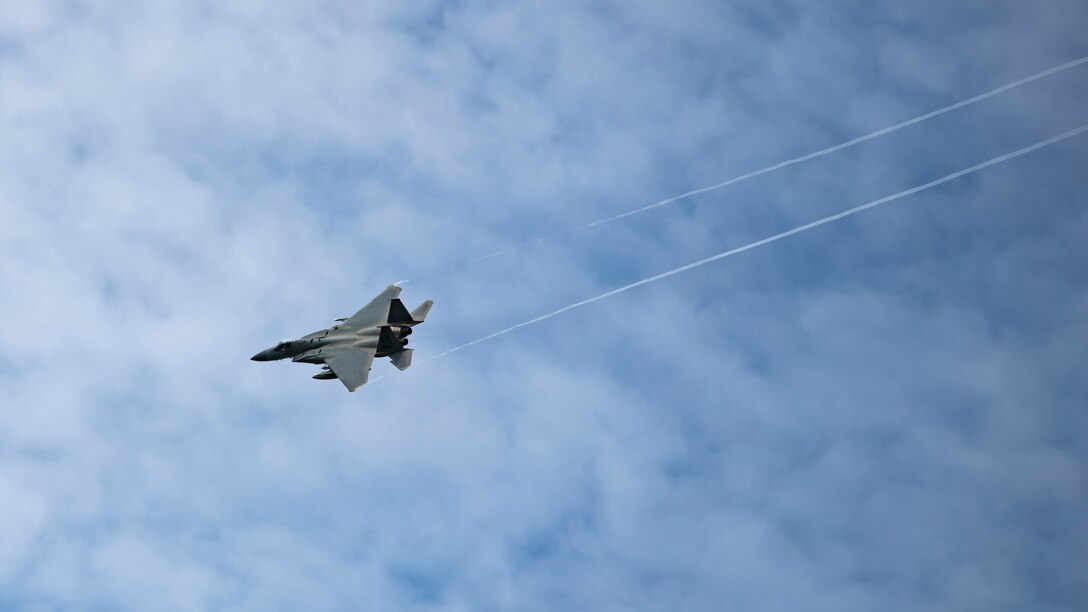 A U.S. Air Force F-15C Eagle assigned to the 67th Fighter Squadron takes off during a training sortie July 8, 2020, at Kadena Air Base, Japan. Fighter squadrons from Kadena Air Base conducted a small force employment exercise to enhance fighter intercept strategies, bomber escort, and small force employment. The United States security presence, along with our allies and partners, underpins the peace and stability that has enabled the Indo-Pacific region to develop and prosper for more than seven decades. (U.S. Air Force photo by Staff Sgt. Peter Reft)