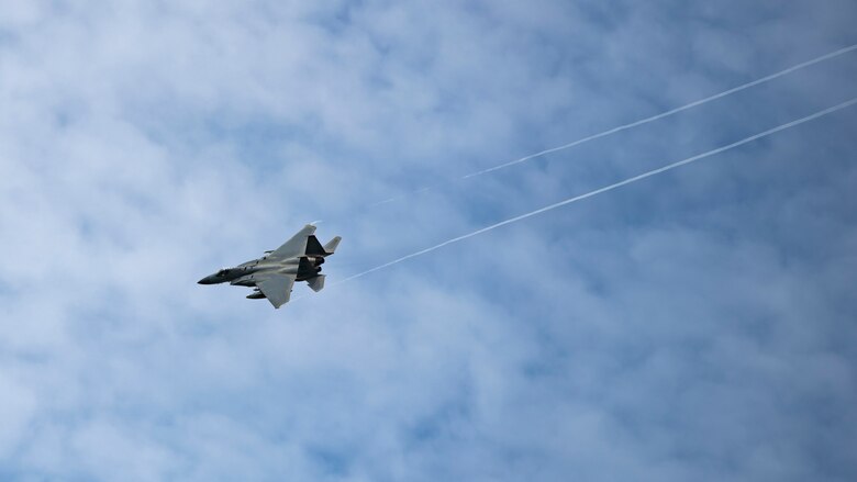 A U.S. Air Force F-15C Eagle assigned to the 67th Fighter Squadron takes off during a training sortie July 8, 2020, at Kadena Air Base, Japan. Fighter squadrons from Kadena Air Base conducted a small force employment exercise to enhance fighter intercept strategies, bomber escort, and small force employment. The United States security presence, along with our allies and partners, underpins the peace and stability that has enabled the Indo-Pacific region to develop and prosper for more than seven decades. (U.S. Air Force photo by Staff Sgt. Peter Reft)