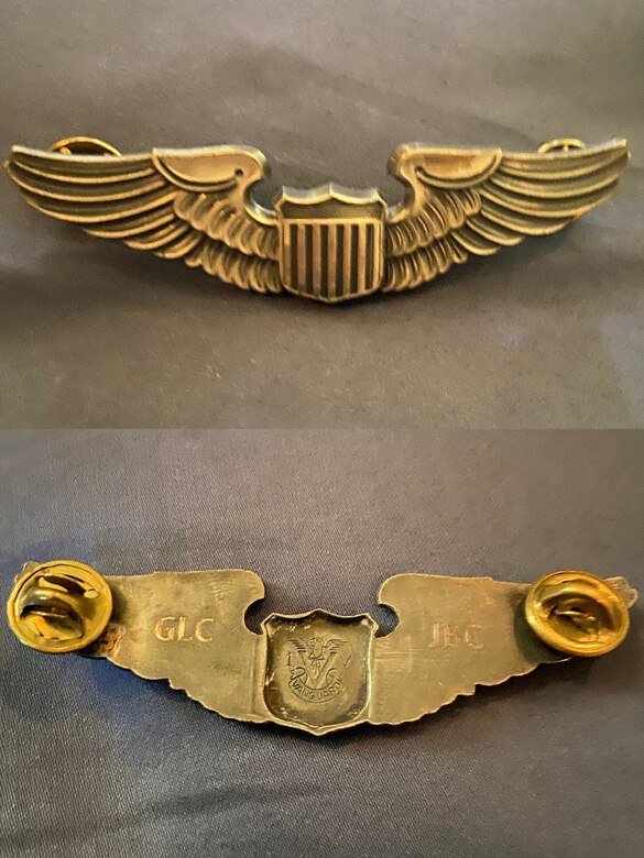 The front and back of the Cooper's pilot wings. Passed down from his father U.S. Air Force retired Lt. Col. Jeff Cooper and grandfather U.S. Air Force Capt. Gerald Cooper, the initials of each are engraved into the back of the wings.
