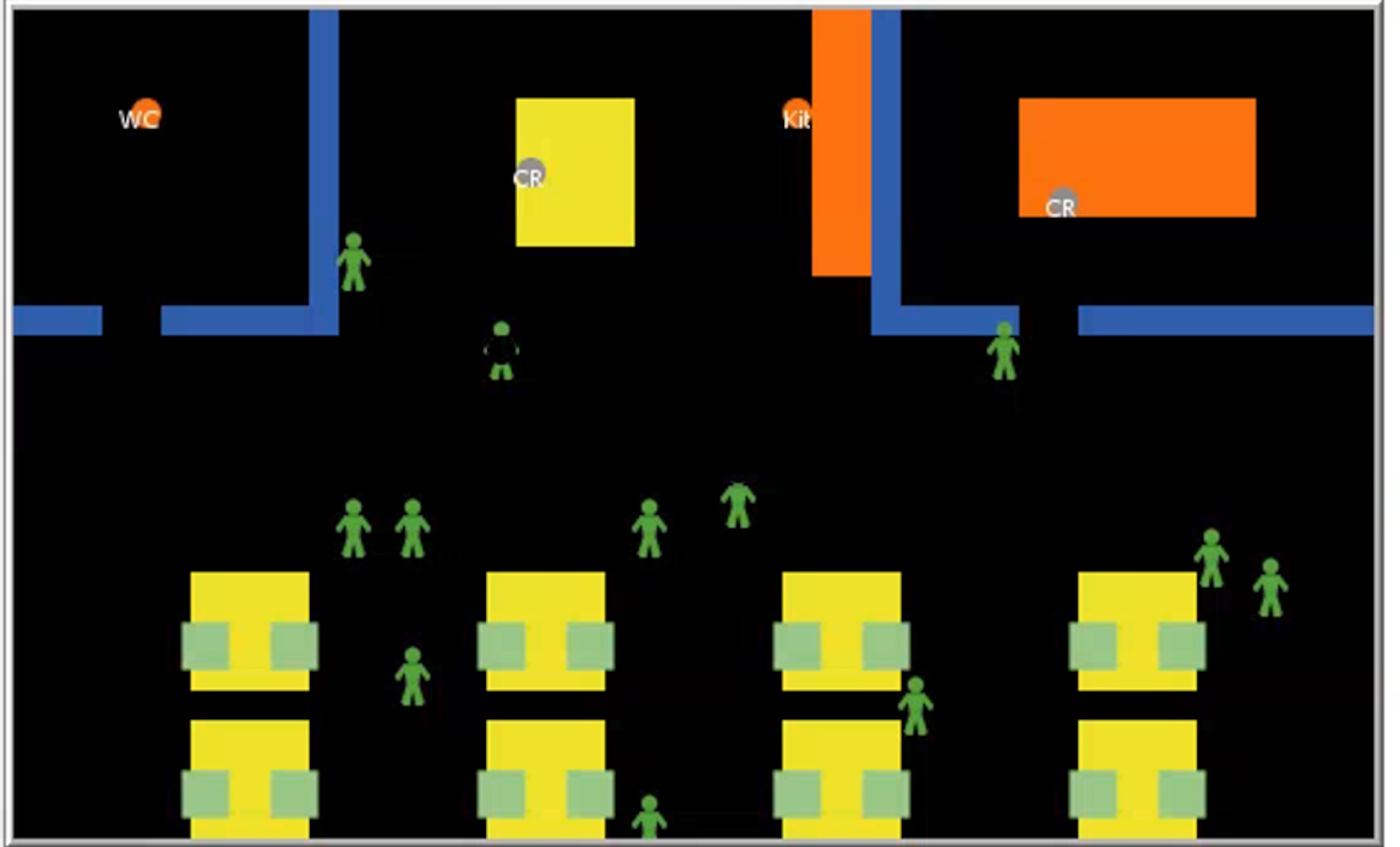 This graphic represents an Agent-Based Model (ABM) which provides a framework to understand the behavior of individuals in an environment.The goal of this model is to quantify individual worker exposure and infection locations for various office layouts to mitigate exposure. (Courtesy graphic)