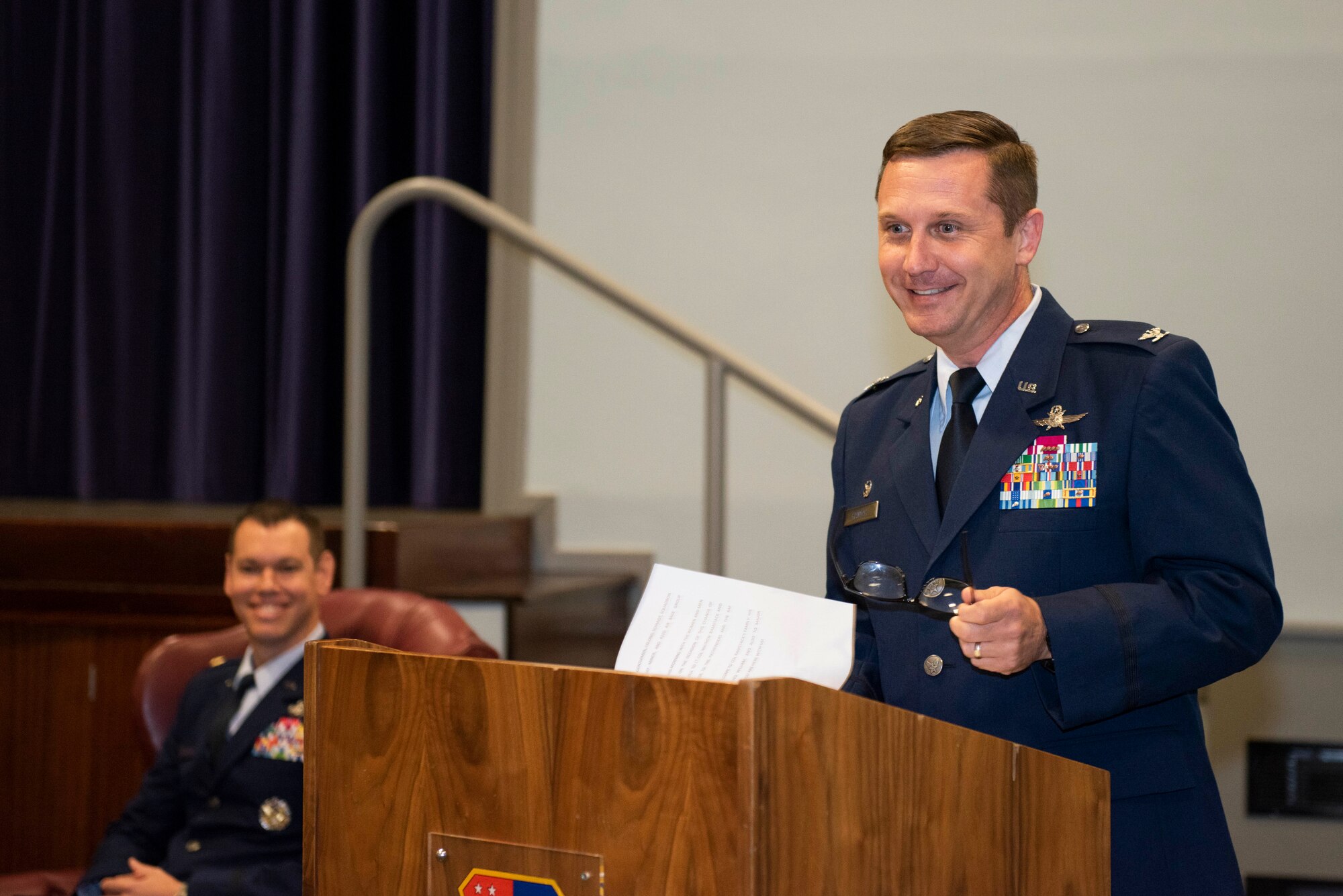 U.S. Air Force Col. Jon Hannah, 422d Air Base Group commander, speaks during the 422nd Air Base Squadron Change of Command ceremony at RAF Croughton, England, July 9, 2020. The change of command ceremony is rooted in military history dating back to the 18th century representing the relinquishing of power from one officer to another. (U.S. Air Force photo by Airman 1st Class Jennifer Zima)