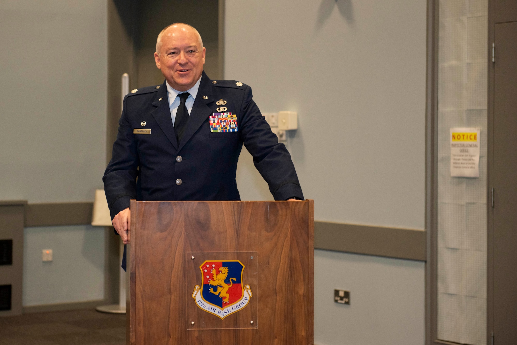 Lt. Col. Matthew Ramstack, 422nd Air Base Squadron outgoing commander, welcomes Maj. Timothy Kirchner, 422nd ABS incoming commander, during the 422nd Air Base Squadron Change of Command ceremony at RAF Croughton, England, July 9, 2020. The change of command ceremony is rooted in military history dating back to the 18th century representing the relinquishing of power from one officer to another. (U.S. Air Force photo by Airman 1st Class Jennifer Zima)