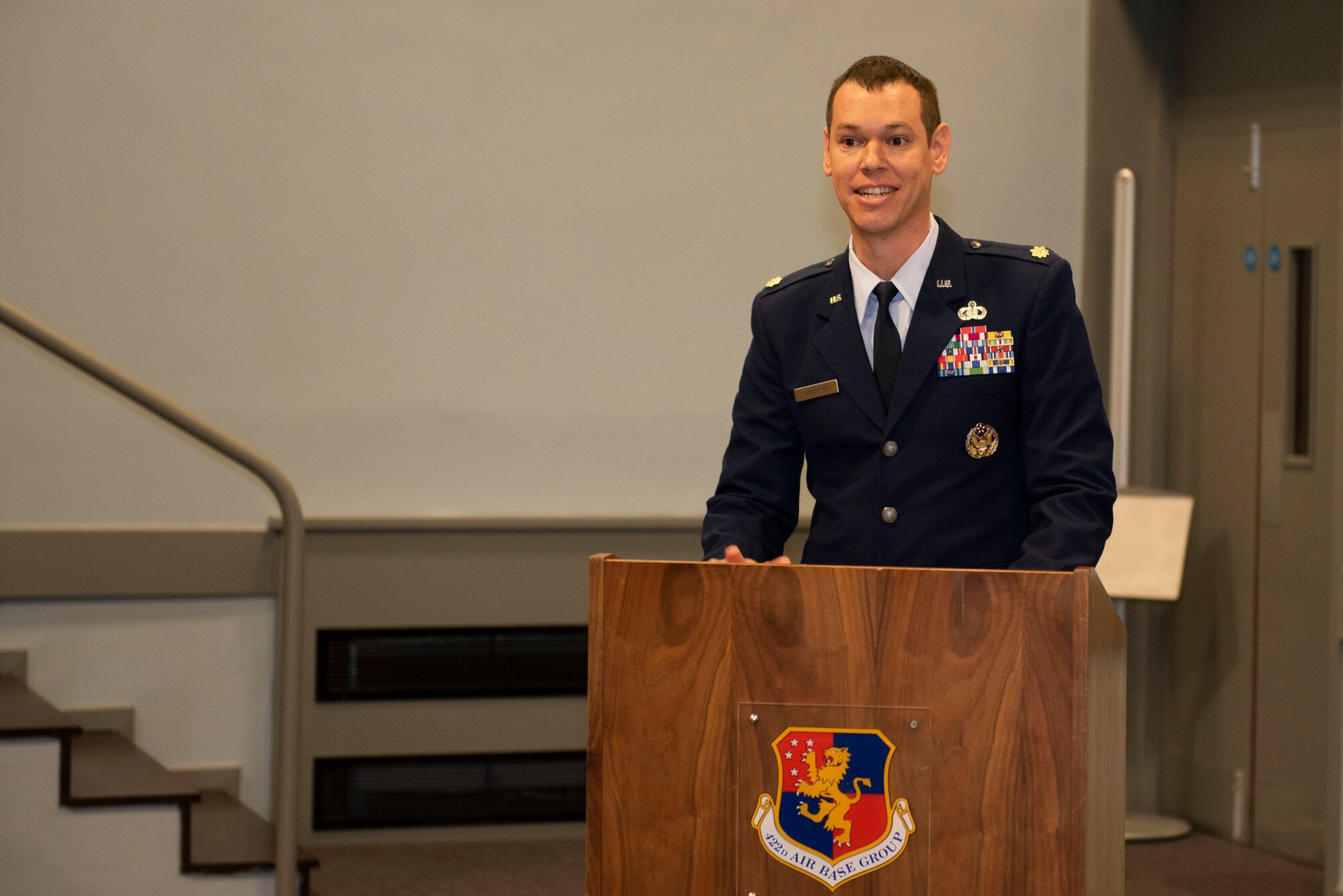 U.S. Air Force Maj. Timothy Kirchner, 422nd Air Base Squadron commander, speaks during a change of command ceremony at RAF Croughton, England, July 9, 2020. The change of command ceremony is rooted in military history dating back to the 18th century representing the relinquishing of power from one officer to another. (U.S. Air Force photo by Airman 1st Class Jennifer Zima)