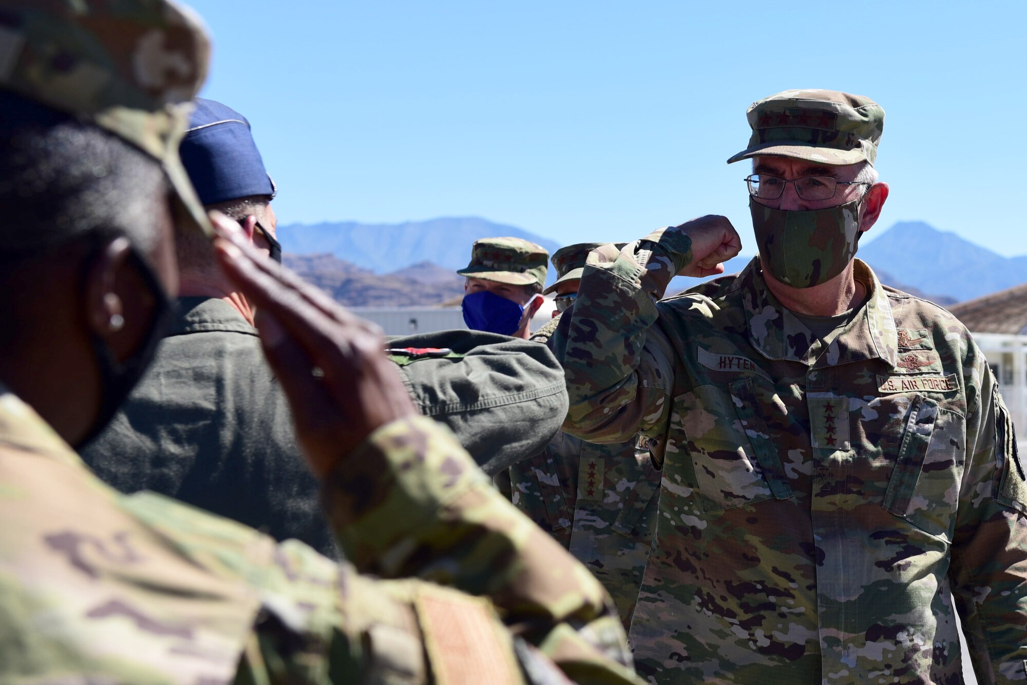 Gen. John E. Hyten, Vice Chairman of the Joint Chiefs of Staff, greets 432nd Wing/432nd Air Expeditionary Wing leadership during a visit at Creech Air Force Base, Nevada, July 7, 2020.