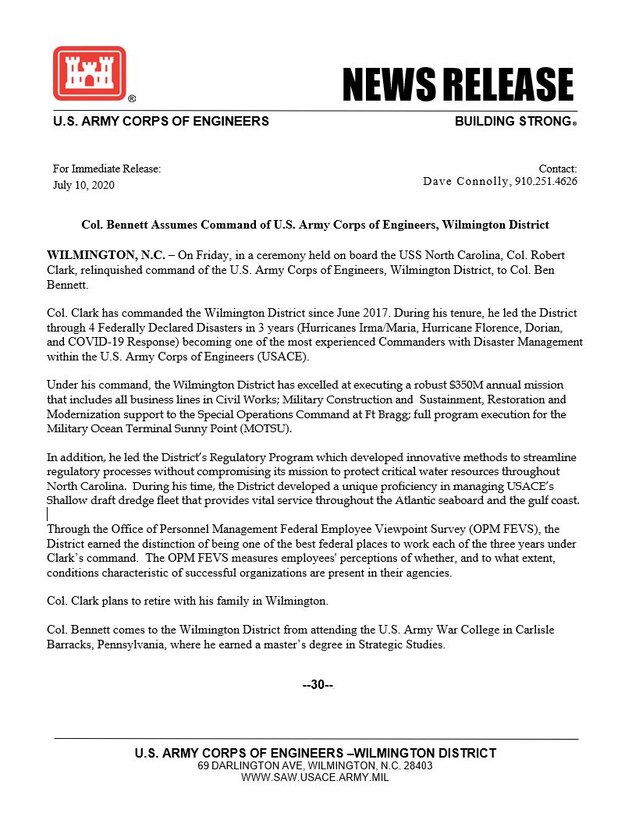 Change of Command 2020 News Release