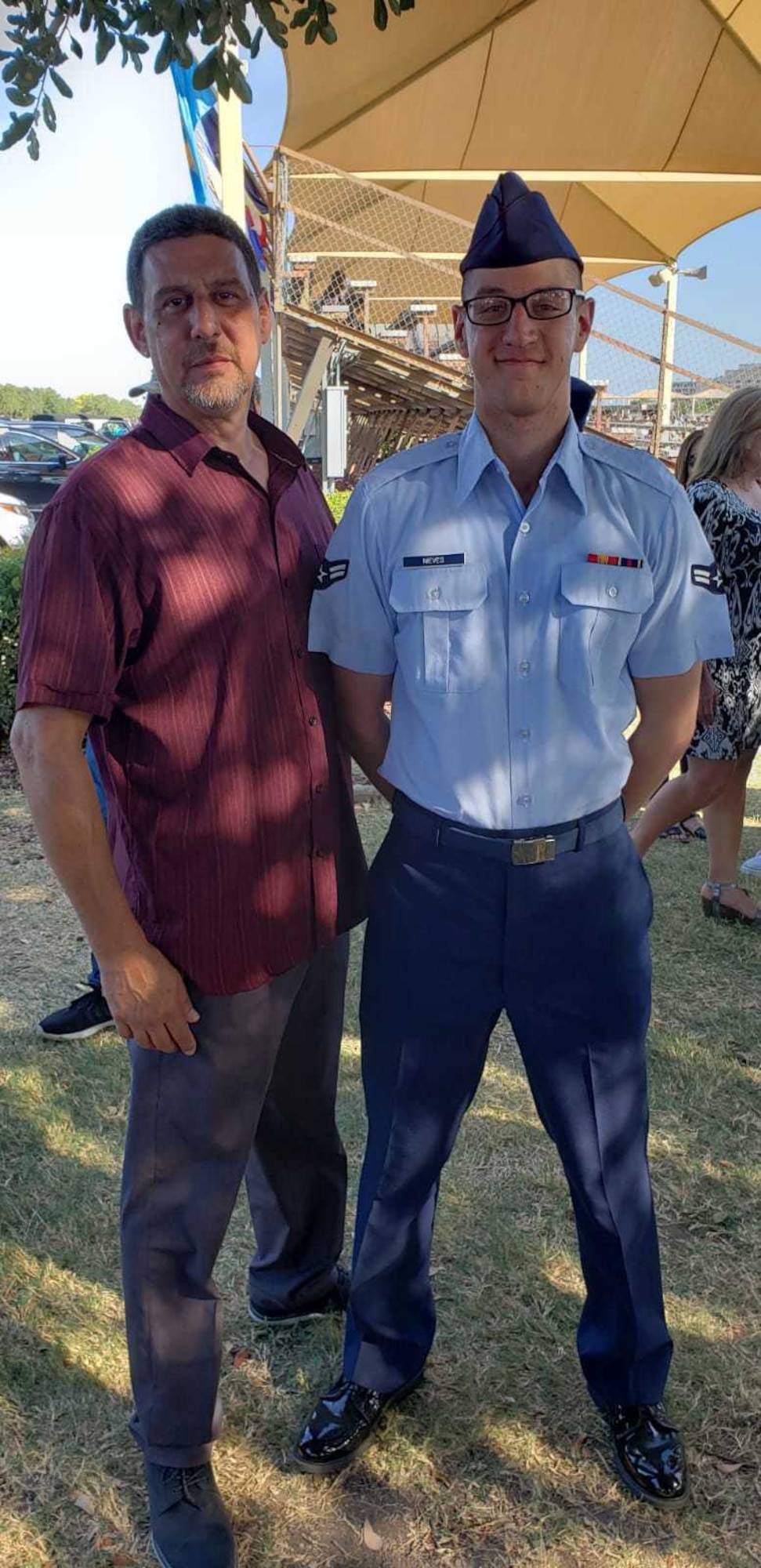 Airman 1st Class Isaiah A. Nieves, 2nd Maintenance Squadron aerospace ground equipment journeyman, stands with his father, Gonzalo Nieves, after his Basic Military Training graduation at Lackland Air Force Base, Texas. Nieves joined the Air Force in July 2019, and arrived at Barksdale in March 2020. (Courtesy photo)