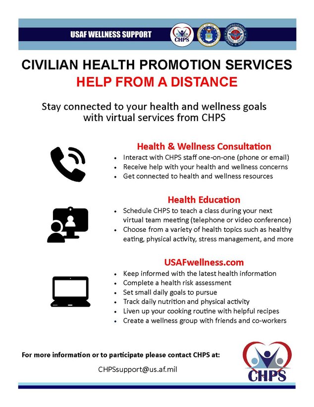The Air Force Civilian Health Promotion Services is now offering virtual health and wellness resources to the workforce at www.USAFWellness.com.