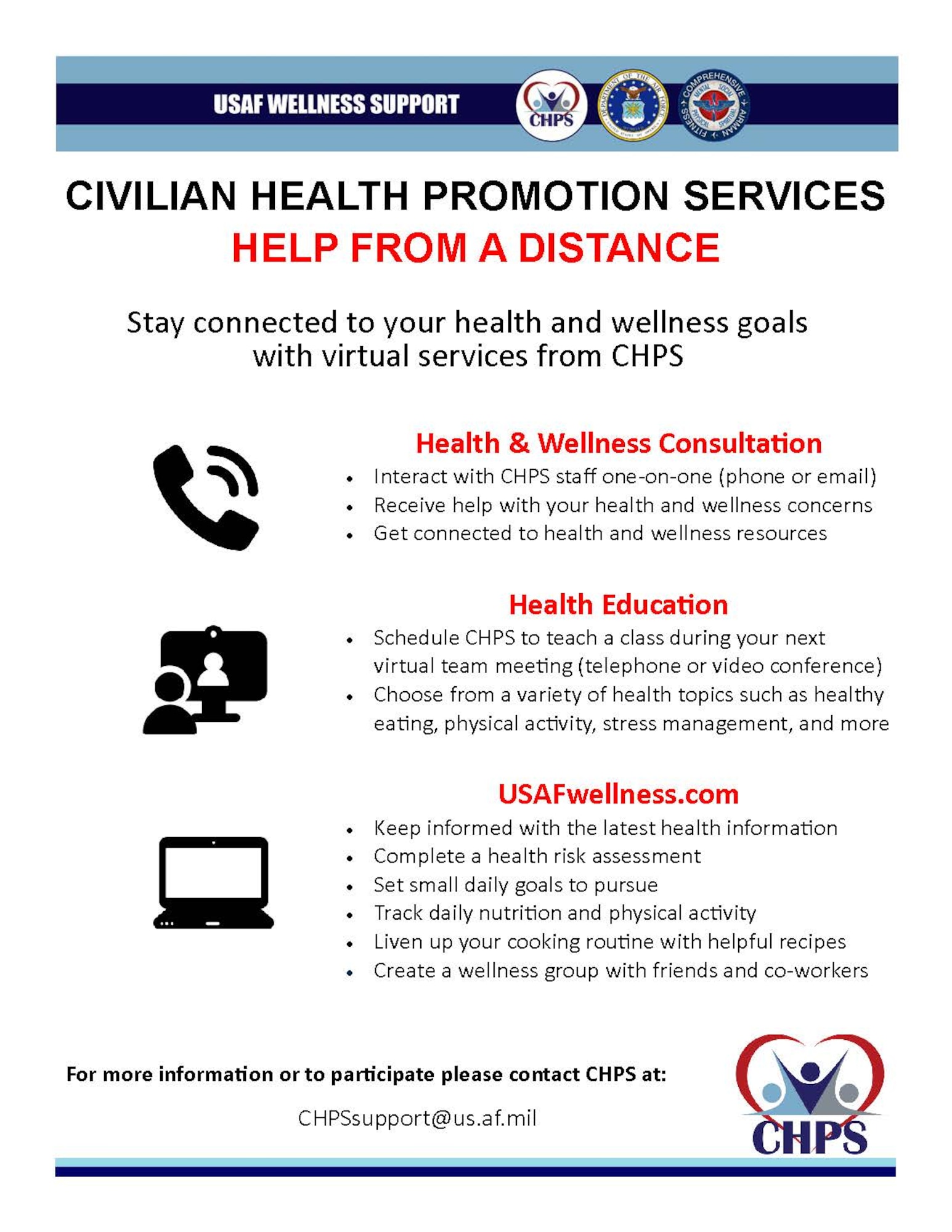 The Air Force Civilian Health Promotion Services is now offering virtual health and wellness resources to the workforce at www.USAFWellness.com.