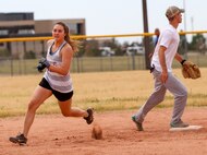 Samantha Pereira, 4th Space Operations Squadron satellite engineer, rounds second base as she attempts to advance to third July 7, 2020, at Schriever Air Force Base, Colorado. In the top of the fourth inning, 4th SOPS scored eight runs to build a 14-5 lead. (U.S. Air Force photo by Marcus Hill)