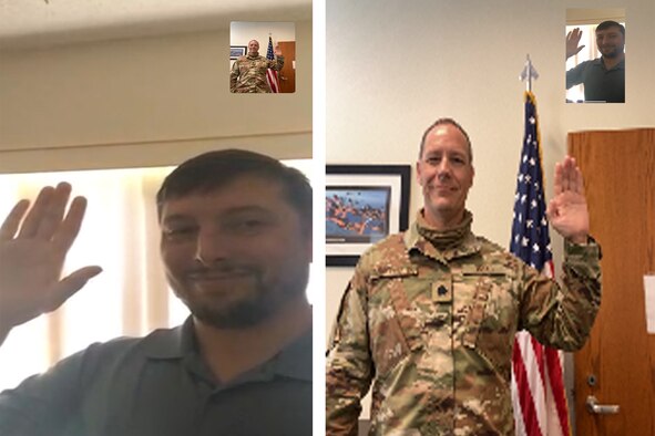 Tech. Sgt. Ricky Lips Jr., 403rd Maintenance Group aircraft fuels system craftsman, was reenlisted virtually by Lt. Col. Clinton Cash, 403rd Mission Support Group acting commander, July 10, 2020 due to the COVID-19 pandemic, which has kept members from physically participating in Unit Training Assemblies. The virtual reenlistments assist in maintaining 403rd Wing readiness and show a new way of completing the mission. (Photo illustration by Jessica L. Kendziorek)