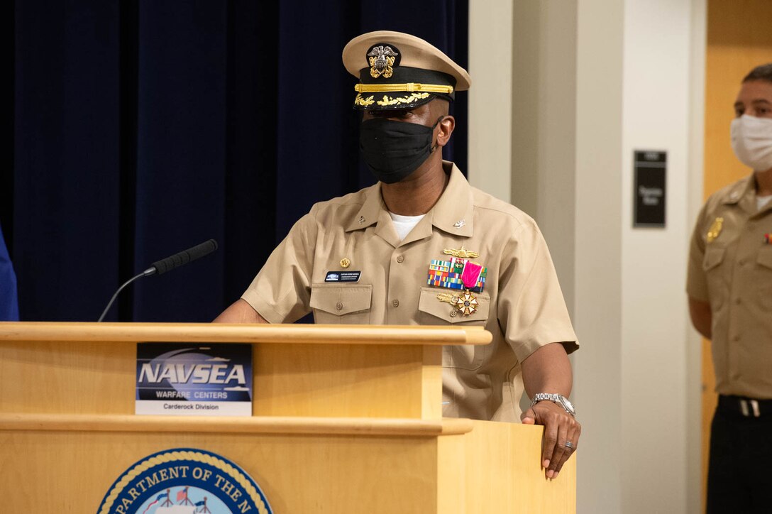 Capt. Cedric McNeal gives a speech during the change of command ceremony.