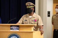 Capt. Cedric McNeal gives a speech during the change of command ceremony.