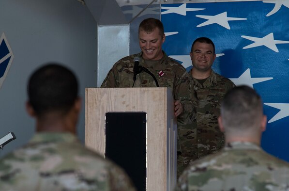 Maj. Joshua Walton, outgoing 4th Component Maintenance Squadron commander, delivers a speech during the 4 CMS change of command ceremony at Seymour Johnson Air Force Base, North Carolina, July 10, 2020. Walton served as the 4 CMS commander since June 18, 2018. (U.S. Air Force photo by Senior Airman Kenneth Boyton)
