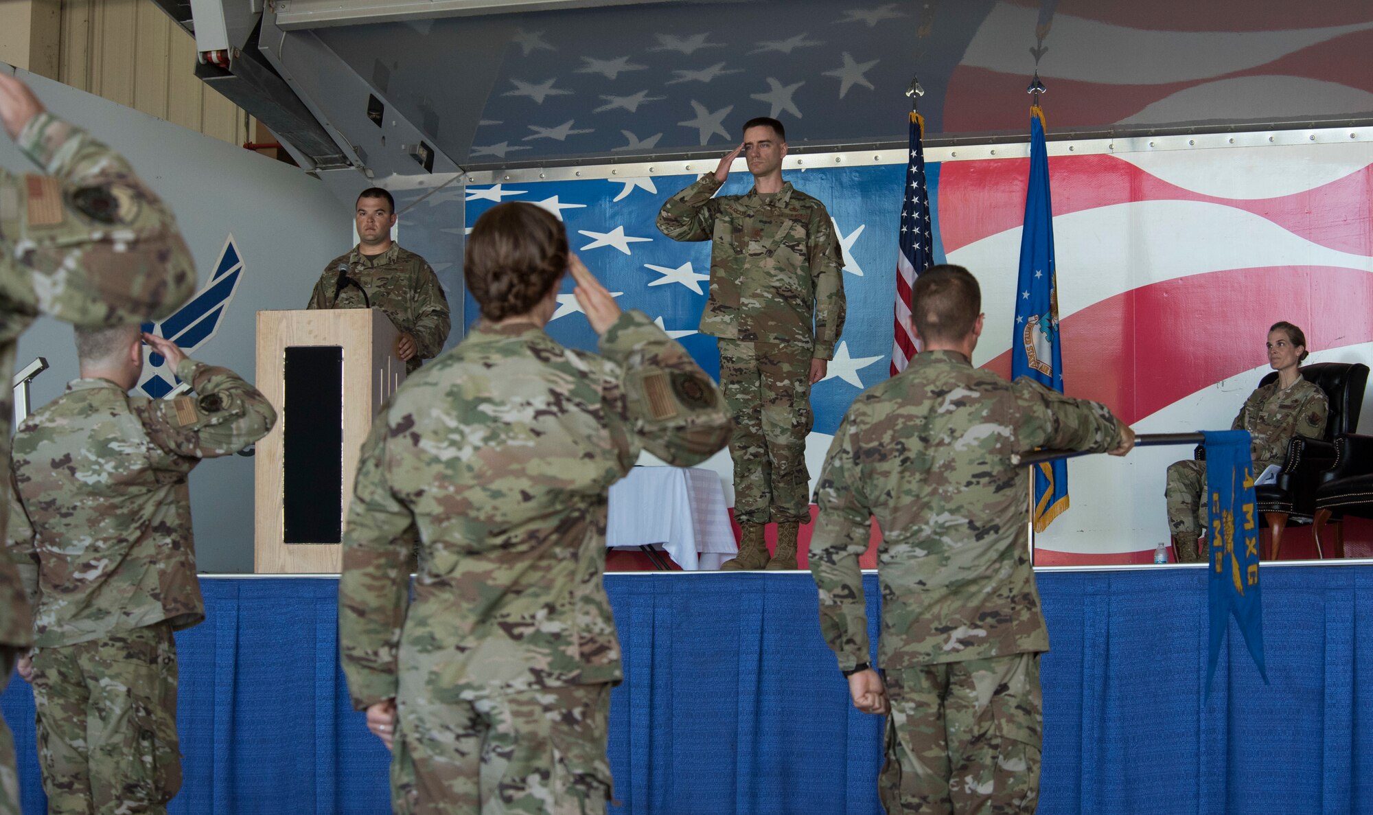 Maj. Michael Makaryk, 4th Component Maintenance Squadron commander, renders his first salute during the 4 CMS change of command ceremony at Seymour Johnson Air Force Base, North Carolina, July 10, 2020. Makaryk assumed command after outgoing commander, Maj. Joshua Walton, relinquished command by the passing of the guidon. (U.S. Air Force photo by Senior Airman Kenneth Boyton)