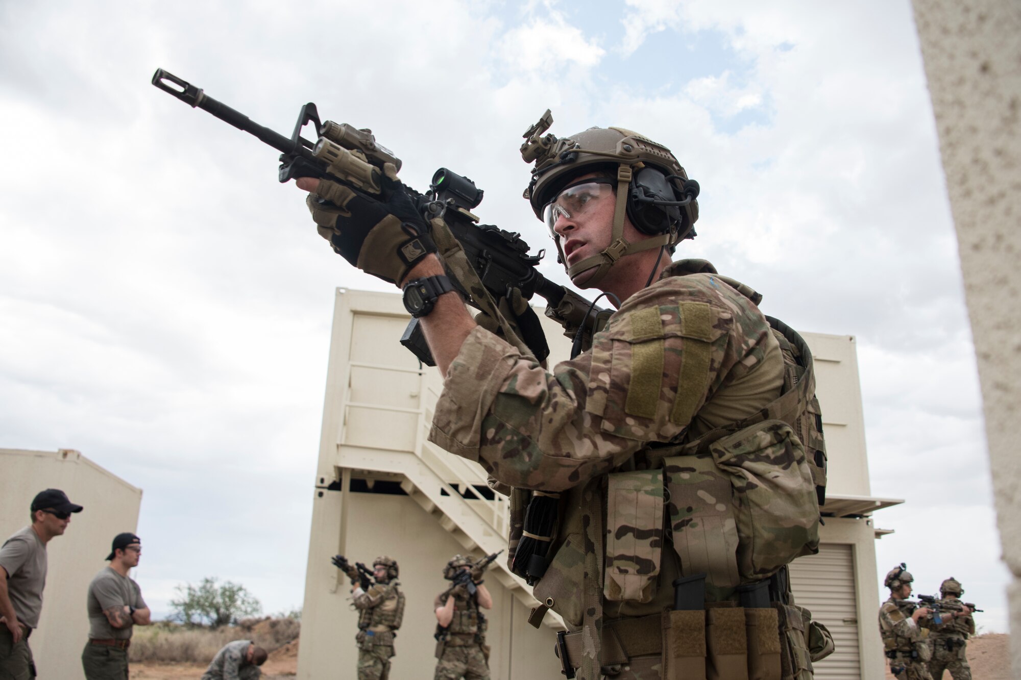 A photo of an Airman performing small unit movement tactics