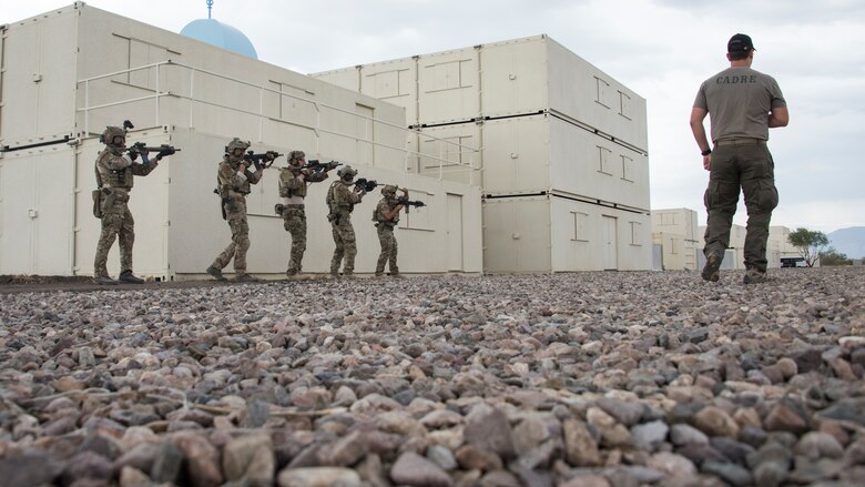 A photo of an Airman performing small unit movement tactics