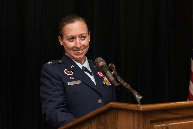Lt. Col. Emily Arthur, prior Contracting Flight commander, gives her farewell and thank you speech during her change of command at Laughlin Air Force Base, Texas, July 10, 2020. The 47th Contracting Flight is responsible for the purchase of supplies, services and construction from contractors and develops, negotiates and administers contracts awarded with appropriated funds. (U.S. Air Force photo by Senior Airman Anne McCready)