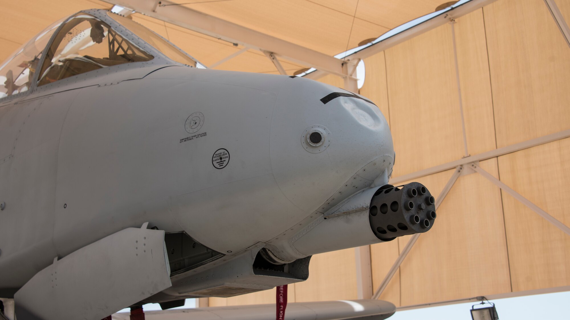 A photo of the A-10's gun, the  30 mm GAU-8/A seven-barrel Gatling gun.