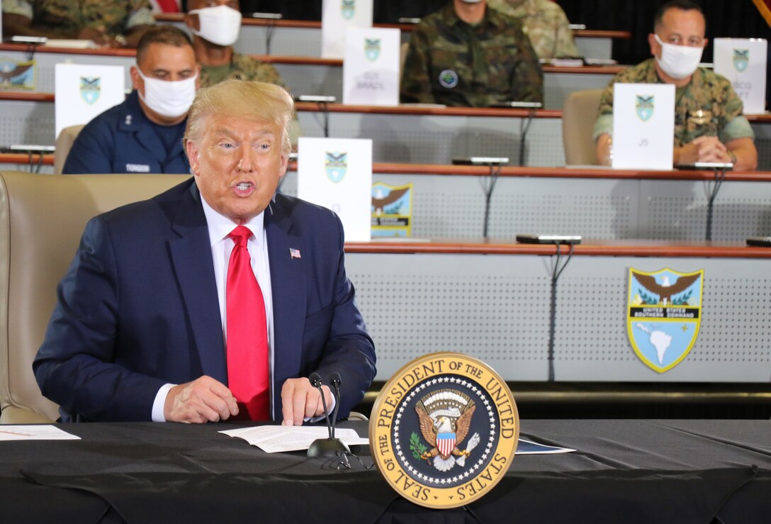 President Donald J. Trump speaks during a briefing at U.S. Southern Command headquarters in Doral, Florida.