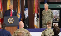 President Donald J. Trump speaks during a briefing at U.S. Southern Command headquarters in Doral, Florida.