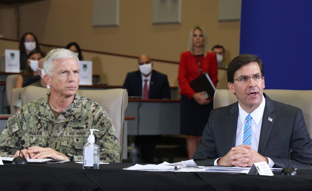 Defense Secretary Dr. Mark T. Esper speaks during a briefing at U.S. Southern Command headquarters in Doral, Florida.